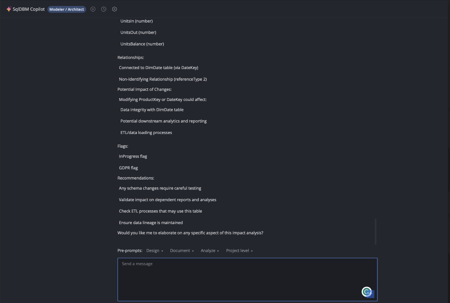 AI Copilot panel displaying relationship mapping, impact analysis, data integrity considerations, and recommendations for schema changes within a data modeling environment.