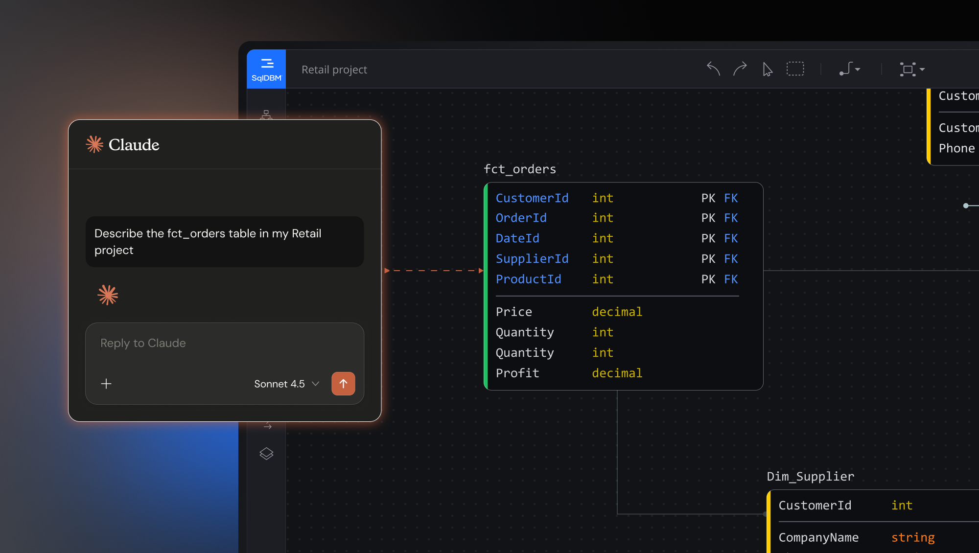 Claude chat window overlaid on a SqlDBM diagram of the fct_orders fact table, showing a user asking Claude to describe the table and an arrow connecting the chat to the live schema view in SqlDBM.