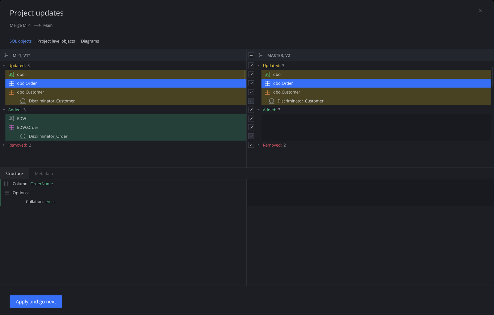 Two branches compared side by side in SqlDBM before merging into main