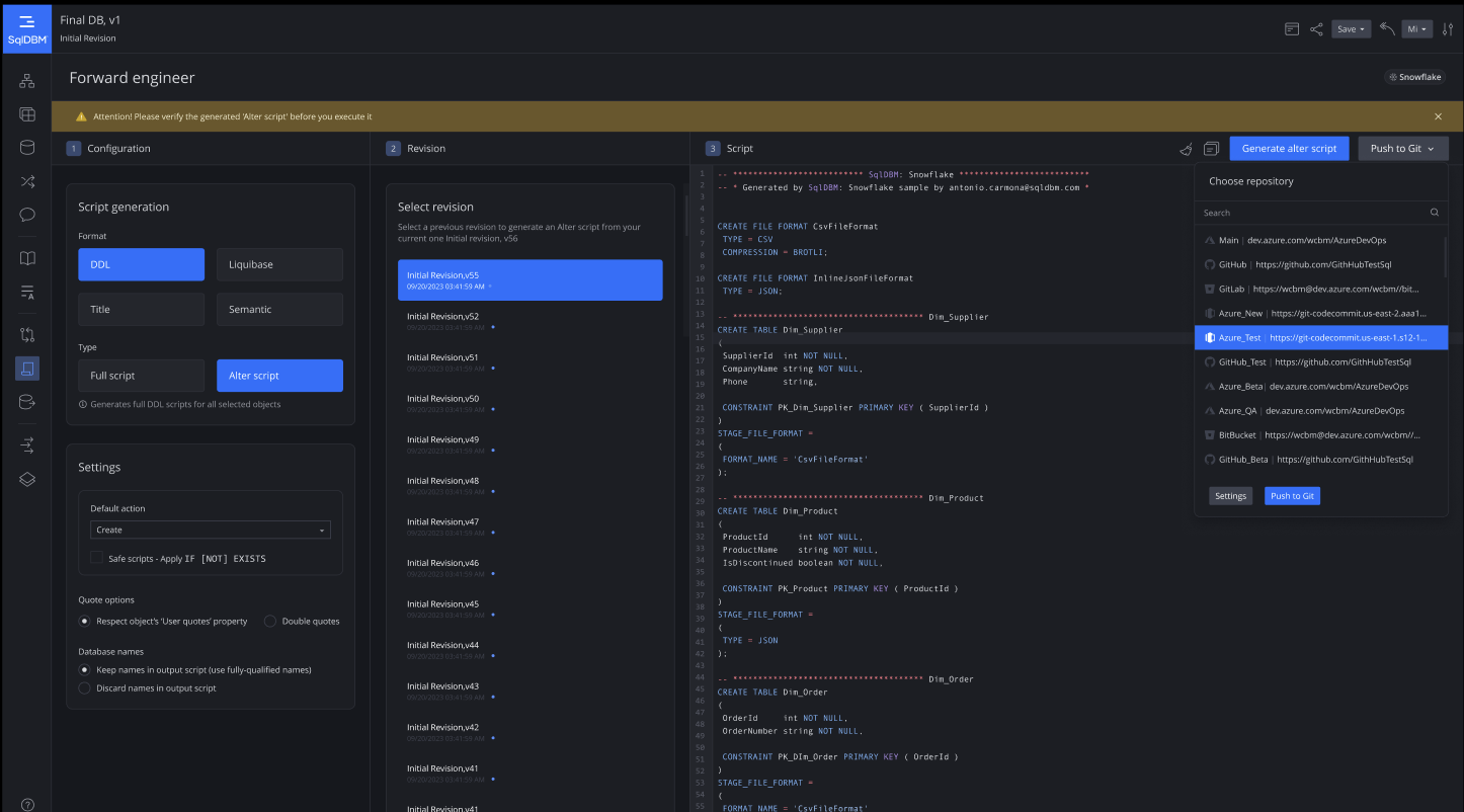 SqlDBM forward engineering: generated DDL with alter script and push to Git