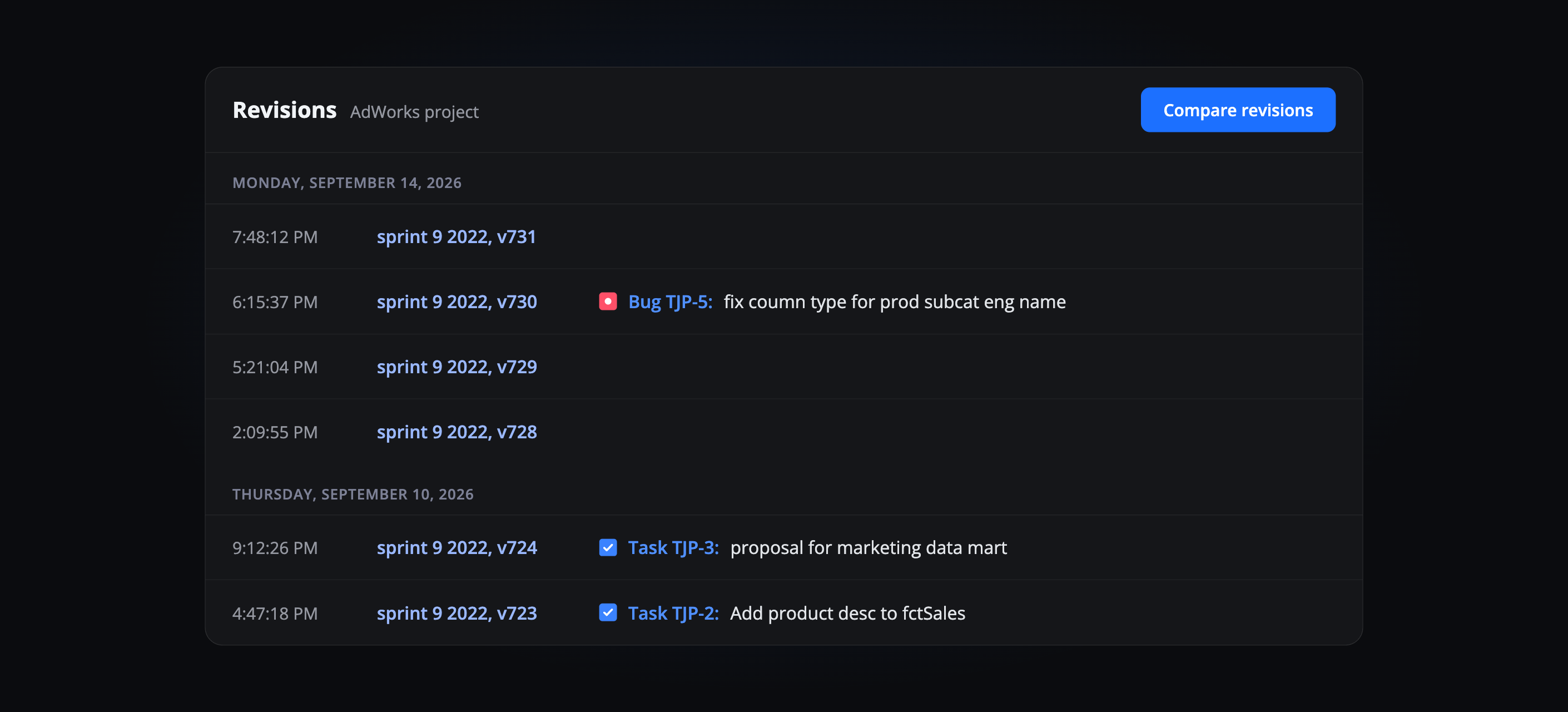 SqlDBM Revisions screen for the AdWorks project showing a list of revisions with linked Jira task badges, including Bug TJP-5 and Task TJP-3