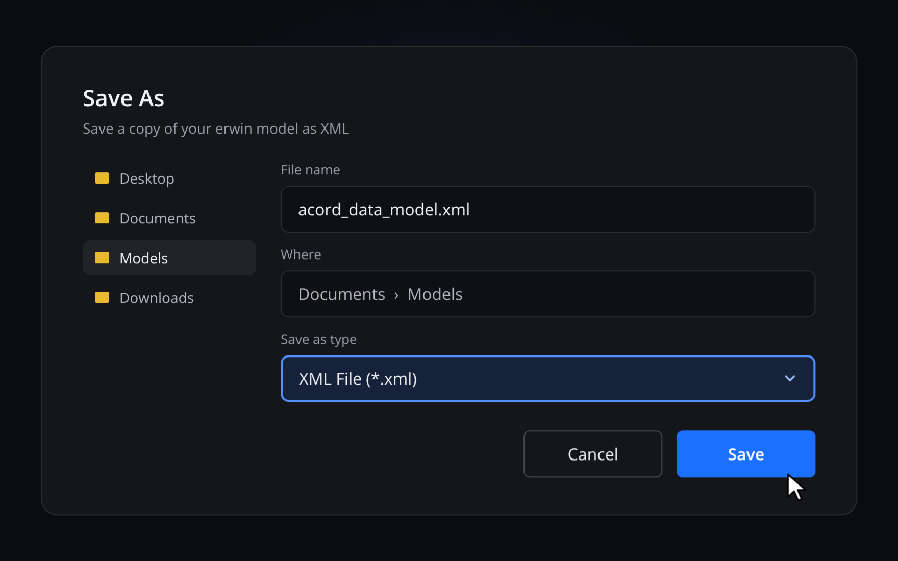 Save As dialog in erwin exporting the model as an XML file