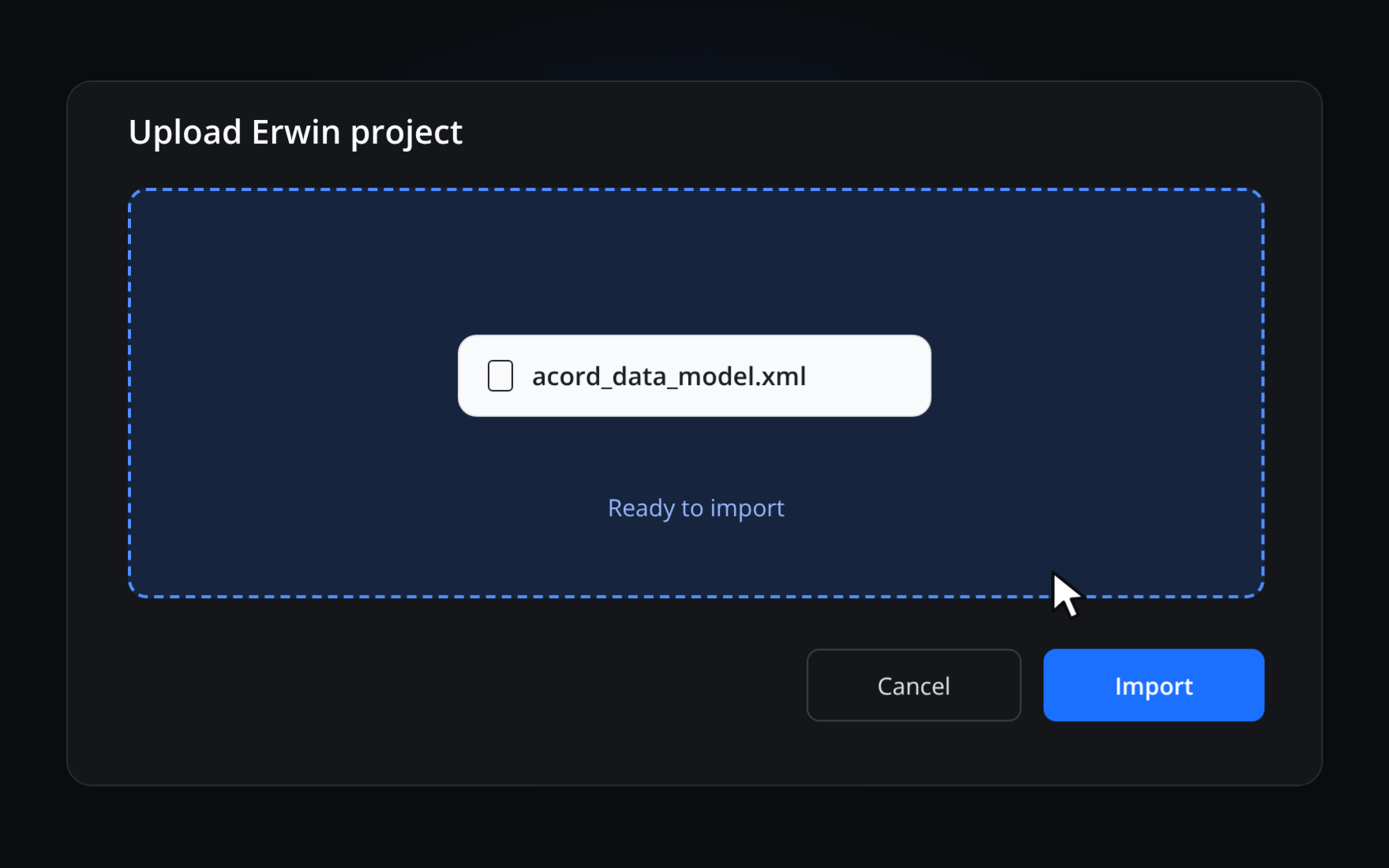 Upload dialog in SqlDBM for an erwin project with acord_data_model.xml ready to import